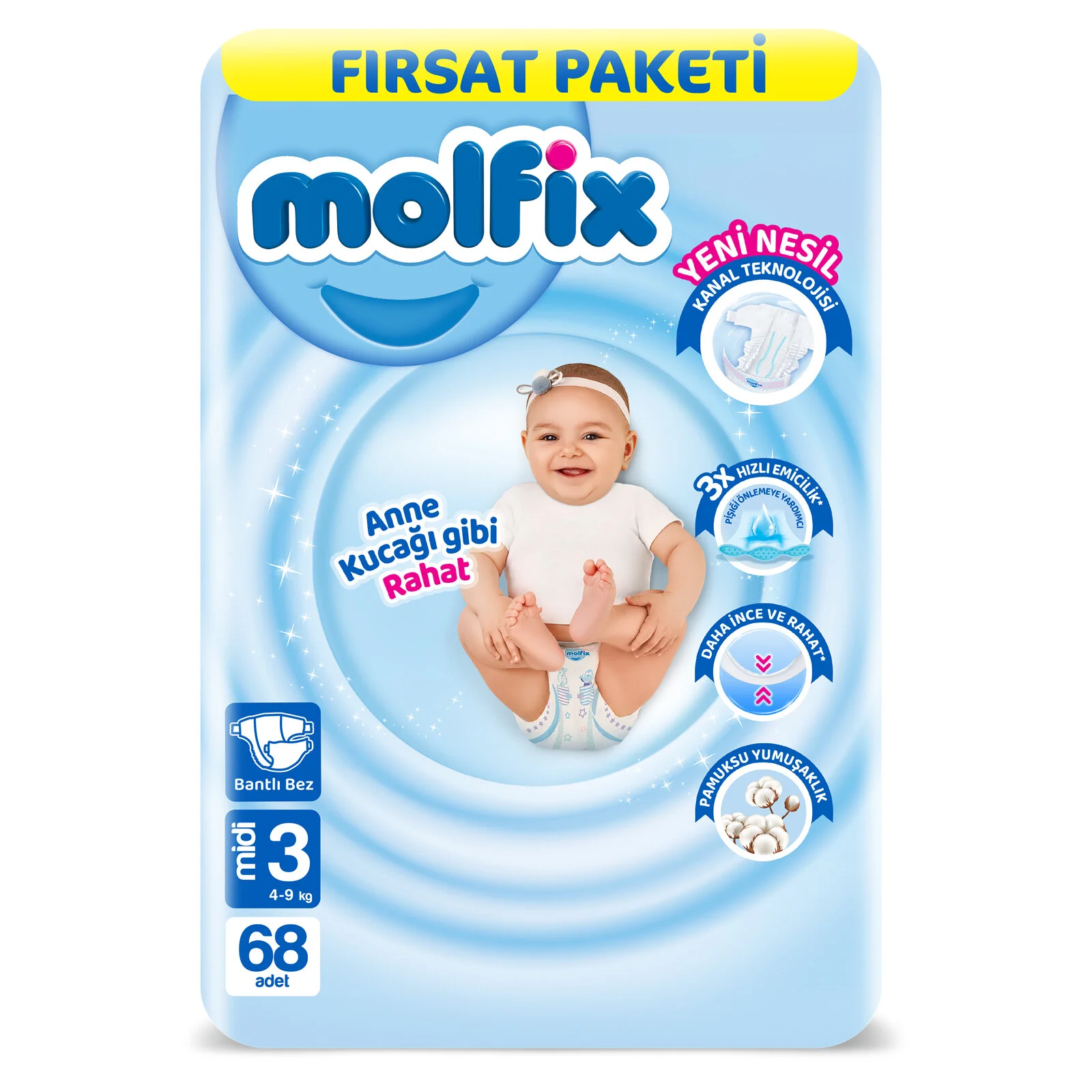 Molfix Bebek Bezi 68 li 3 Beden Fırsat Paketi 68 Adet