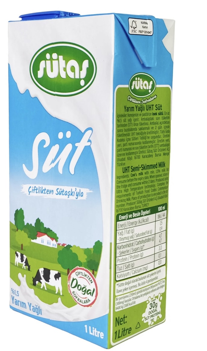 Sütaş 1 lt Yarım Yağlı Süt